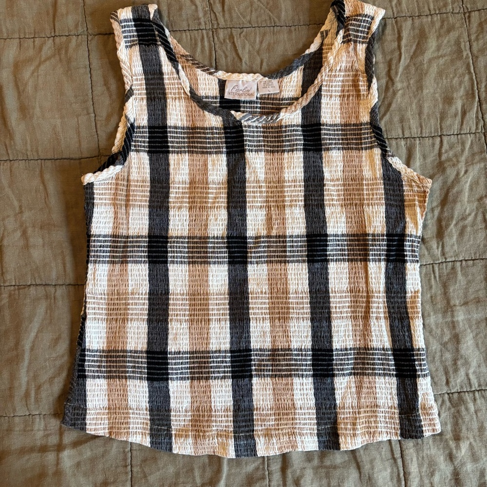 Shirred lightweight black/tan/white tank top, sz L